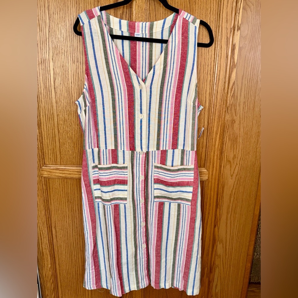 Old Navy Striped Sleeveless Button Front Dress Women’s L Pockets